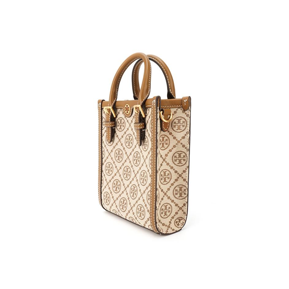 Tory Burch T Monogram Iconic Geometric Style Double T Logo Jacquard Leather Tote Bag Unisex Tote Bags Light-Brown 87146-371