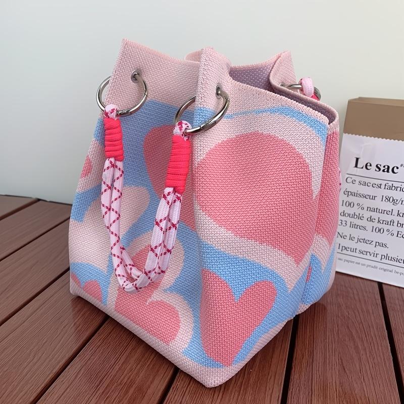 1pc Geometric Handbag Striped Pattern Tote with Removable Strap, Foldable Bucket Bag, Sports Style for Occasions, Travel, and Daily Use