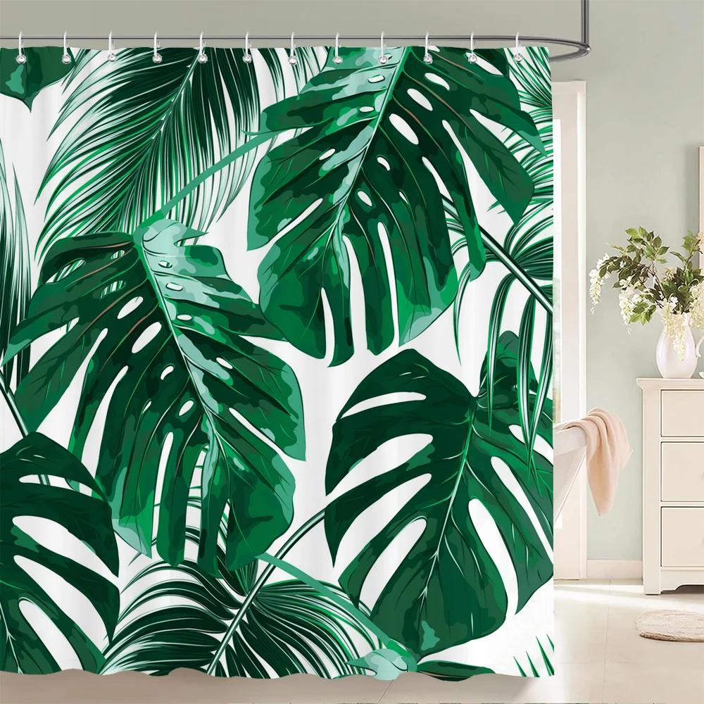 Tropical Green Plant Shower Curtain Leaves Printed Washable Bath Curtain Waterproof Polyester Fabric Bathroom Curtains