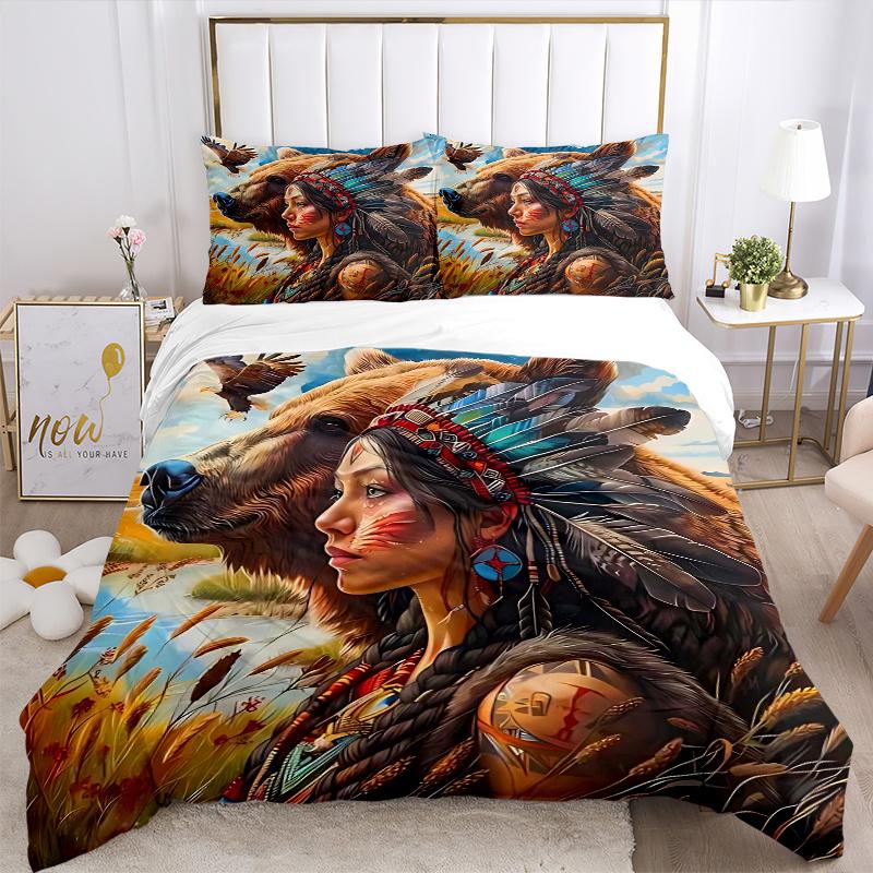 3pcs Native American Indian Feather Headdress Bedding Set - Includes One Quilt Cover and Two Pillowcases (No Core) - Home Decor, Festival Gift, Polyes