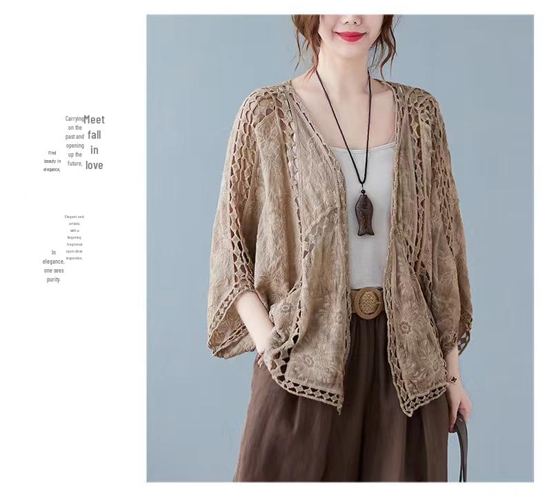 Korean-Style Women's Hollow Lace Batwing Sleeve Cotton Cardigan - Summer Retro Long Sleeve Top