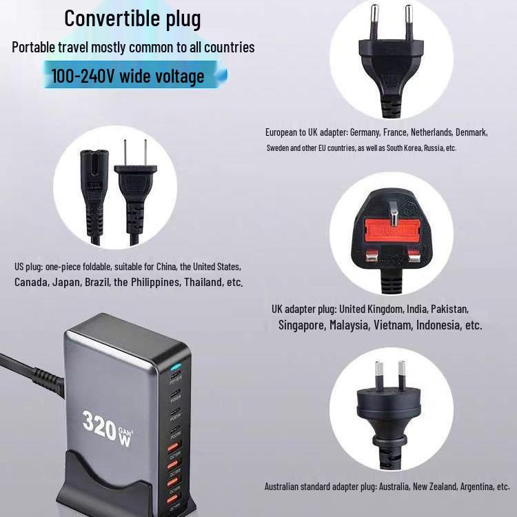 320W Gallium Nitride Multi-Port USB Charger with PD100W Fast Charging