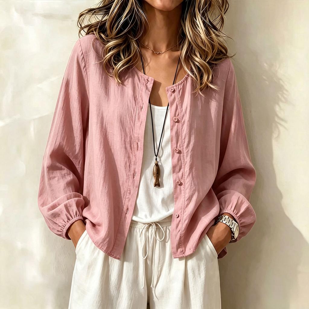 Damen Boho Baumwoll-Leinen-Bluse mit Spitzenbesatz für den Urlaub