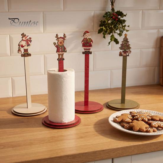 Decoración de Cocina Festiva Portarrollos de Papel de Cocina Navideño de Madera, Dispensador de Rollo 2D con Muñeco de Nieve, Estante Decorativo para Servilletas con Diseños de Papá Noel, Soporte para Comedor