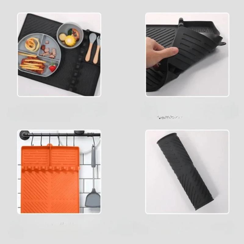 Heat Resistant Silicone Grill Tool Holder Mat with Side Shelf Drip Pad for Blackstone BBQ Utensils Kitchen Countertop