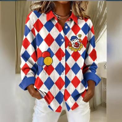 1116 Women's Long Sleeve Casual Shirt Plaid 1D Printed Large Size Cardigan Single-breasted Lapel