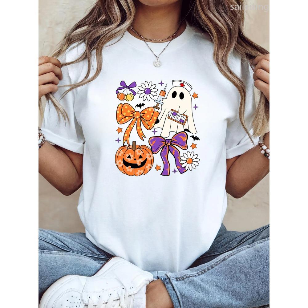 

Funny Nurse Halloween Weird Nurse Pumpkin Purple Bow Design - Halloween Costume Party Shirt Sleeves Harajuku Street Dress 6XL