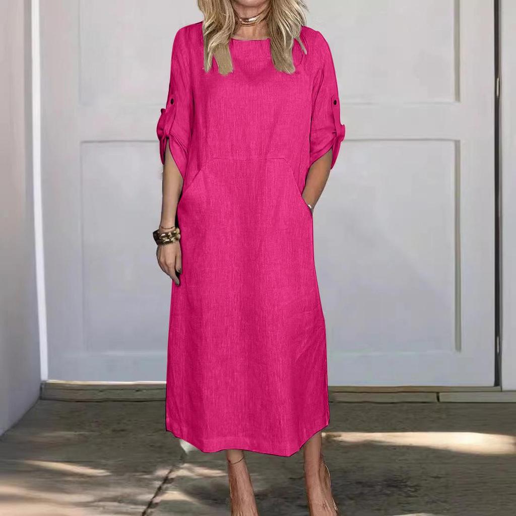 2024 Fall/Winter Women's Cotton Linen Solid Color Casual Round Neck Long Dress with Double Side Pockets