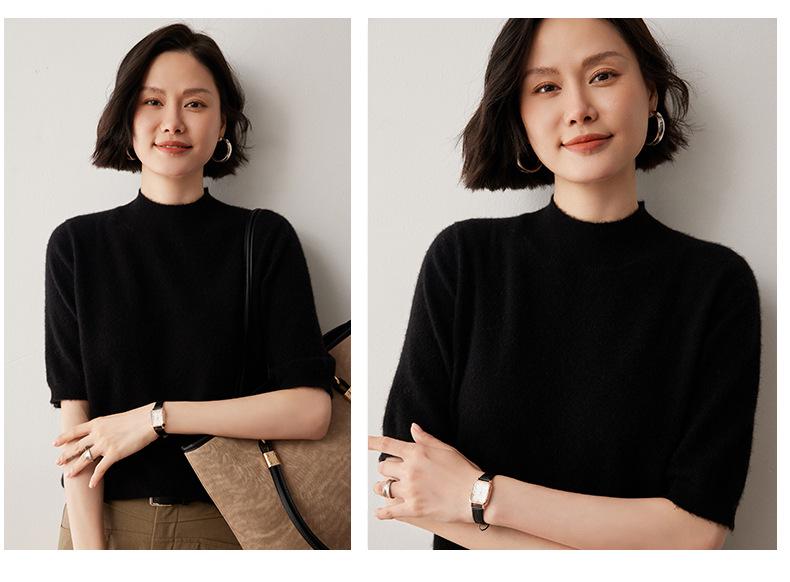 2024 Women's Cashmere Knit Sweater: Short-Sleeve, Half-High Neck, Base Layer