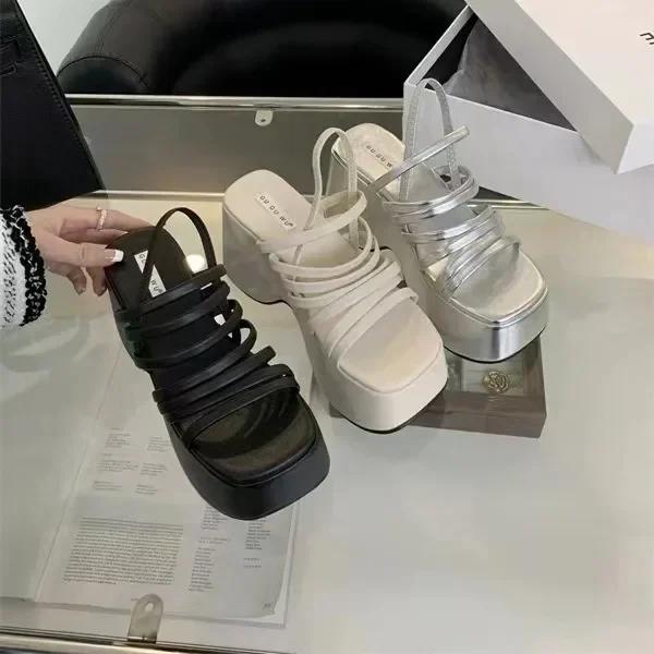 Women's Summer Chunky Heels Sandals New Strap High Heeled Slippers Woman Black Slip on Casual Platform Sandalias Mujer