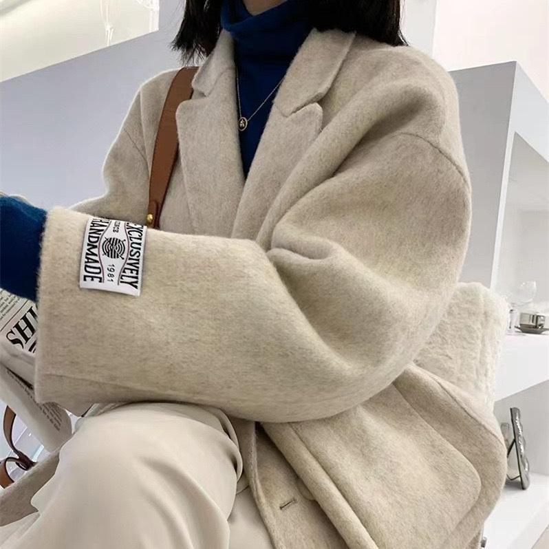 Frühling und Herbst kurzer hochwertiger doppelseitiger Kaschmirmantel Damen locker Koreanische Wollanzugjacke