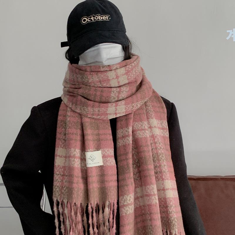 Pink retro plaid imitation cashmere scarf women's winter new high-end warm thickened scarf versatile and trendy