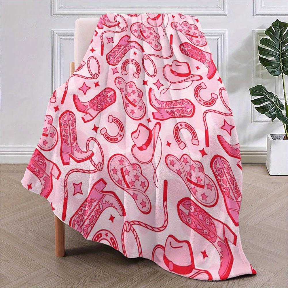 1pc Pink Western Cowboy Boots & Hats Print Flannel Blanket - Soft All-Season Cozy Throw for Bed, Couch, Camping & Travel