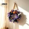 Wall Fireplace Hanging Ornaments Halloween Wreaths for Front Door, Skull Pumpkin Wreath with Berries, Black Spooky Bat Cabin Party Props Roses, Purple