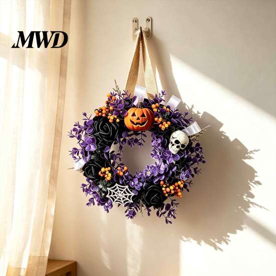 Wall Fireplace Hanging Ornaments Halloween Wreaths for Front Door, Skull Pumpkin Wreath with Berries, Black Spooky Bat Cabin Party Props Roses, Purple
