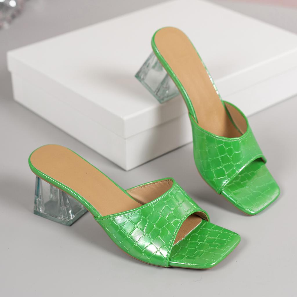 Mode Bonbonfarbe Große eckige Zehe Dicke Ferse Sandalen Damen Frühling Sommer Rutschfest Hohe Absätze Sandalen Strand Peeptoe