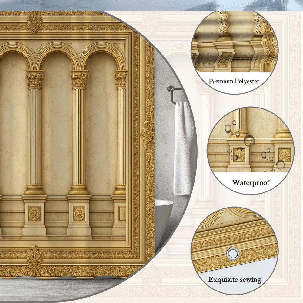 Golden Palace Columns Shower Curtain Classical Arch Design Luxury Royal Architecture Decor Waterproof Free Hooks Included