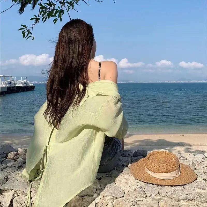 Thin Long Sleeve Sunscreen Shirt Woman Back Split Lace Up White Shirts Women Casual Loose Holiday Beach Blouse