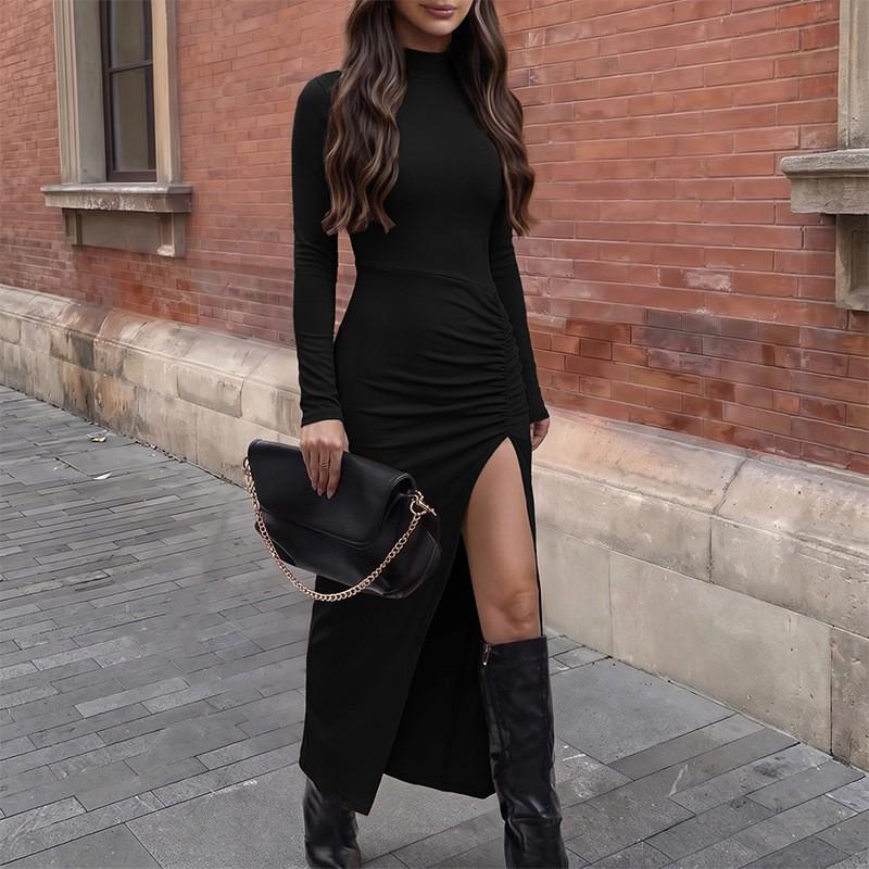 Womens Knit Long Sleeve High Neck Bodycon Midi Dress With Side Slit Casual Winter Outfit