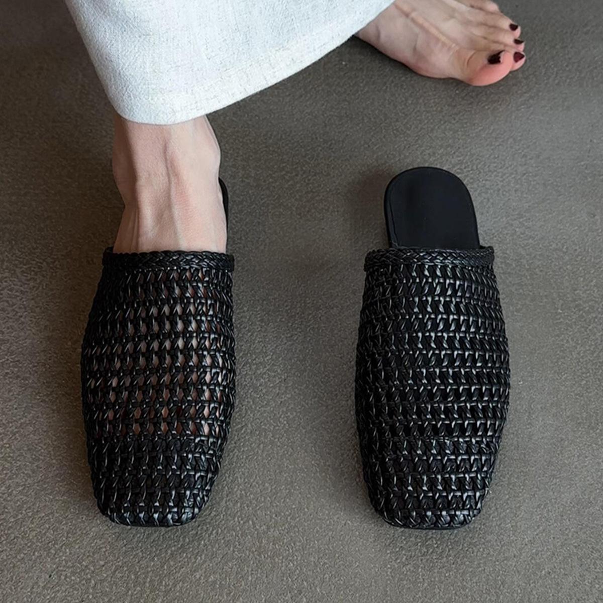 

Sheepskin hand-woven mesh yarn bag head sandals women s versatile hollow outer wear square head flat bottom half slippers 40
