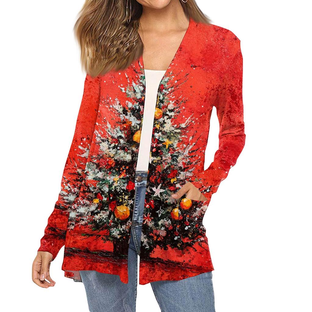 Women's Fashion Christmas Print Long-Sleeved Pocketed Slim-Fit Cardigan Coat