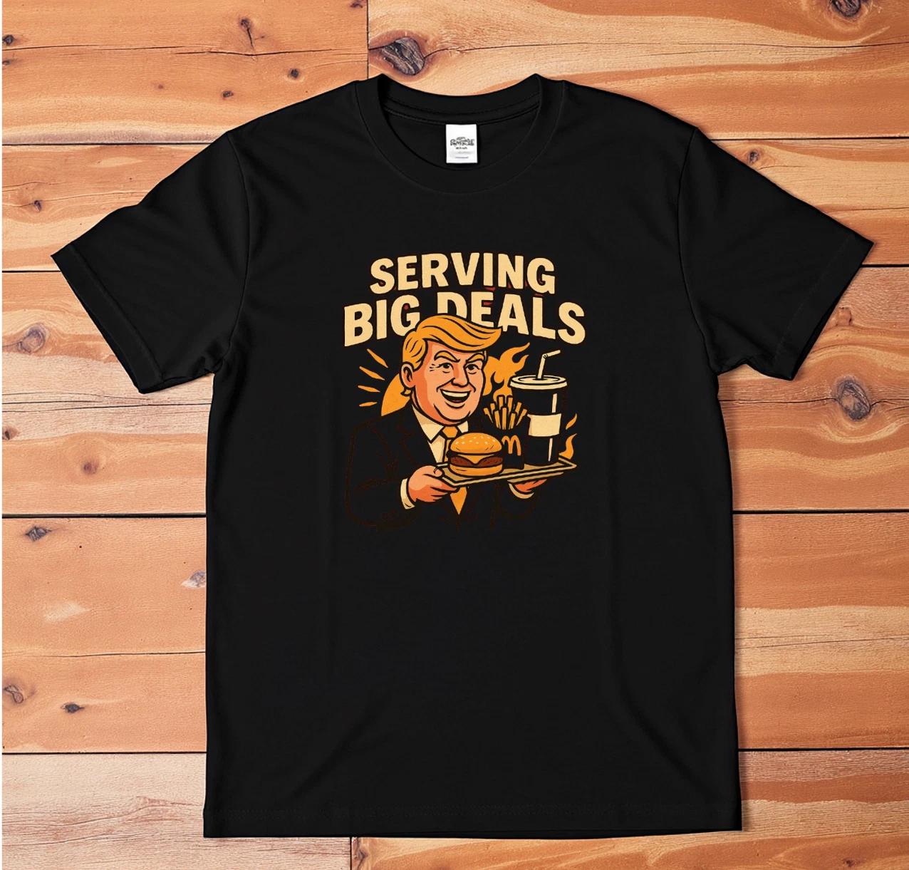 Serving Big Deals Funny Burger Fries Soda Graphic T-Shirt Political Parody Tee S