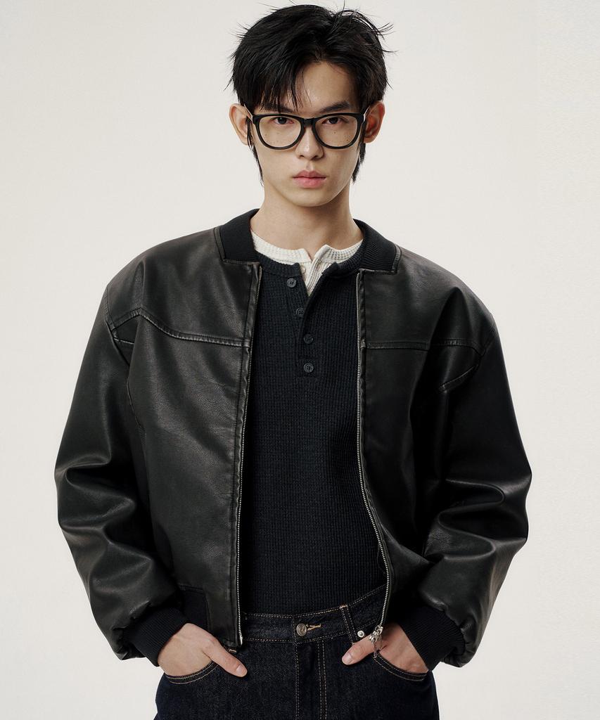 Noise Vintage Leather Stadium Bomber Jacket - Black