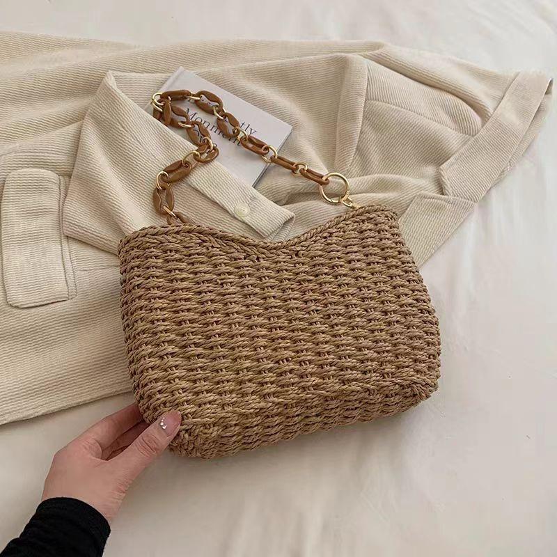

New high-end straw bag woven bag women s shoulder straw bag versatile portable women s bag seaside vacation beach bag welt zipper хаки