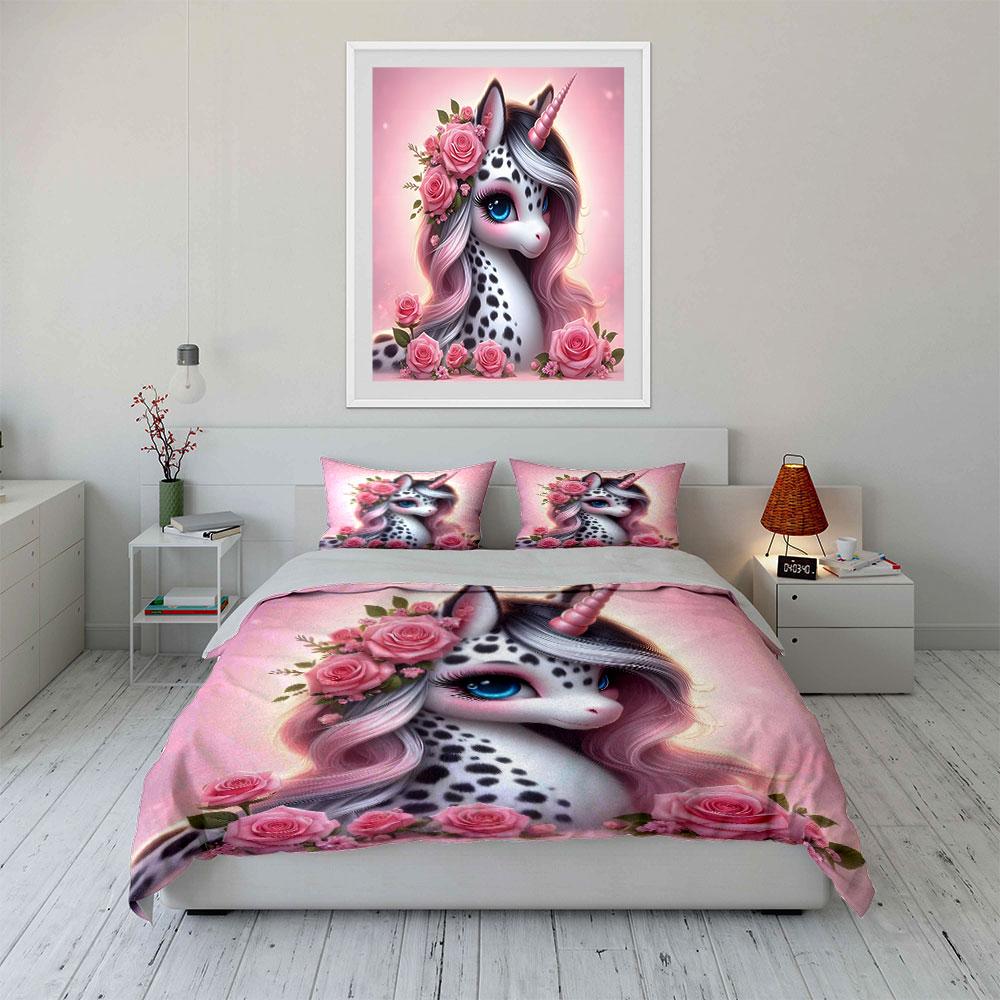 Spotted Unicorn with Roses Bedding Duvet Cover Set (1*Duvet Cover 2*Pillowcases, without duvet insert)