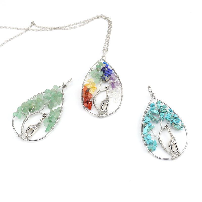 Handmade Copper Wire Wound Natural Gravel Crystal Giraffe Life Tree Fortune Tree Necklace N53