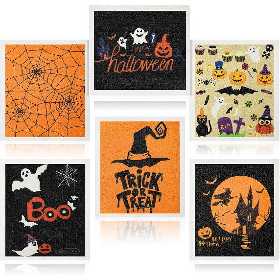 Honeydak 6 Pcs Halloween Swedish Dish Towels Ghost Pumpkin Swedish Kitchen Dishcloths Washable Reble Halloween Dish Cloths Witch Absorbent Fast