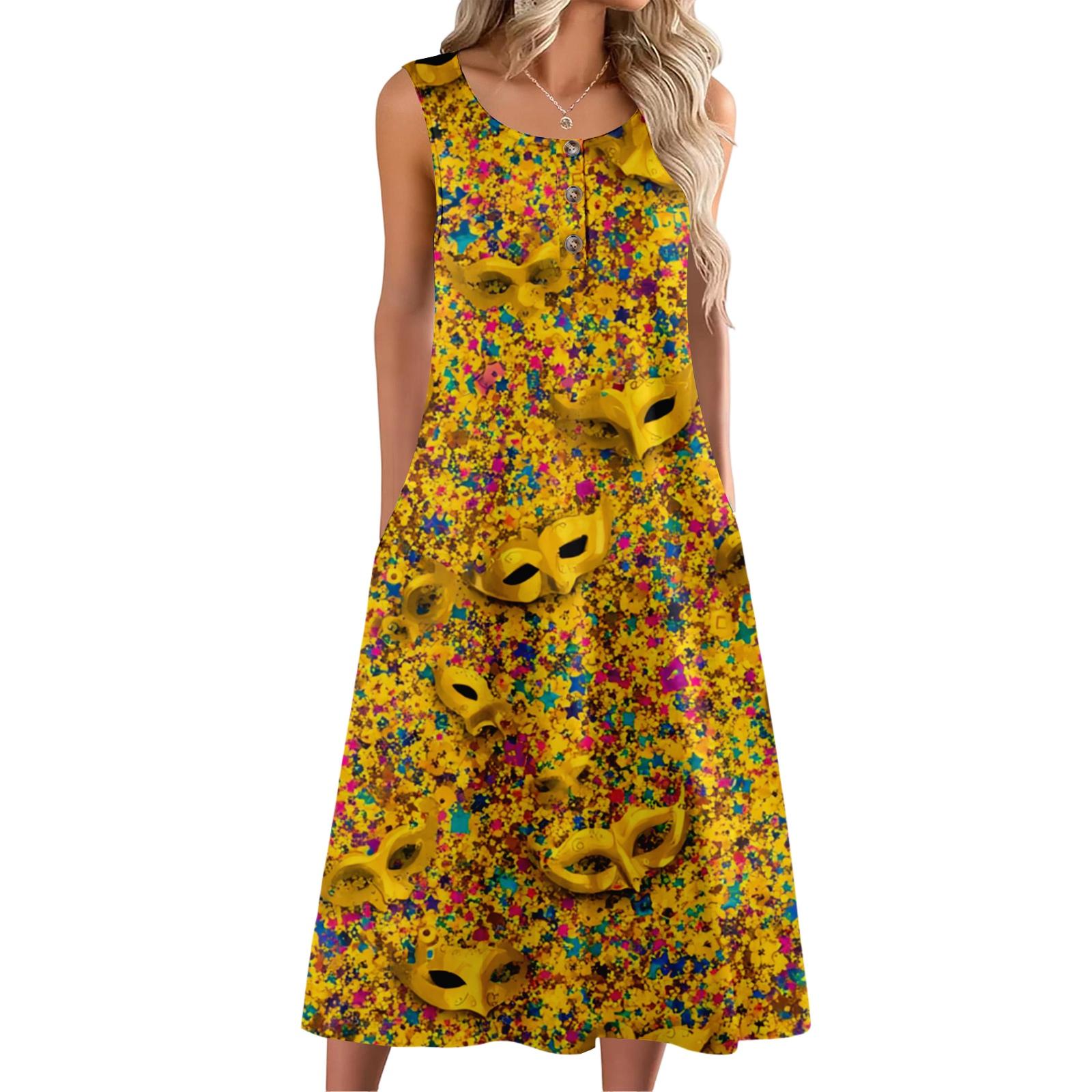 

Women s Fashion Casual Sleeveless Buttoned Carnival Printed Dress with Pockets XL жовтий