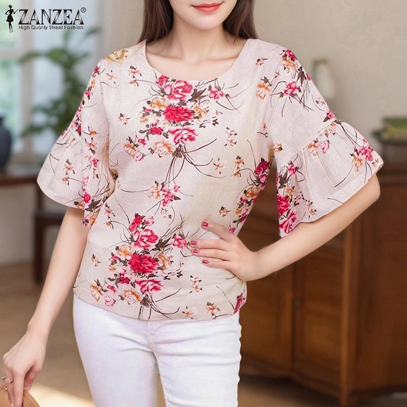 ZANZEA Women Casual Round Neck 3/4 Sleeve Loose Floral Blouse