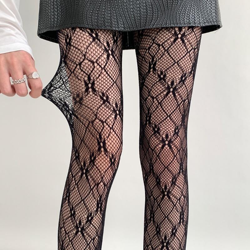 

New Women Rhombus-patterned Flower Vine Tights Vintage Sexy Fishnet Mesh Hollowed-out Lace Anti-Snag French Jacquard Pantyhose One Size чёрный