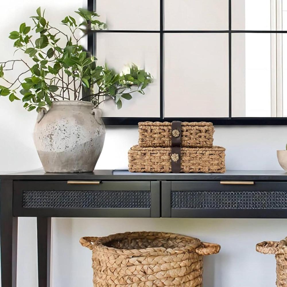 Wicker Decorative Box with Lid, Water Hyacinth Woven Basket for Shelf Display, Coffee Tables Storage Large
