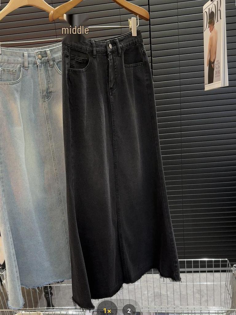 Women's Slim Fit Frayed Denim A-Line Skirt - Retro Fishtail, Mid-Length (Spring/Summer 2024)