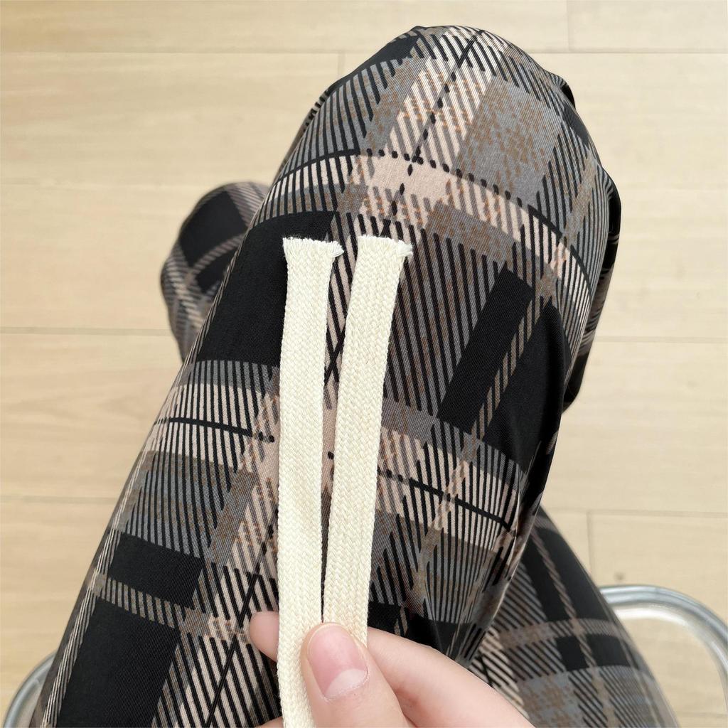 Women's 2025 Spring Retro Brown Plaid Wide-Leg Ice Silk Pants