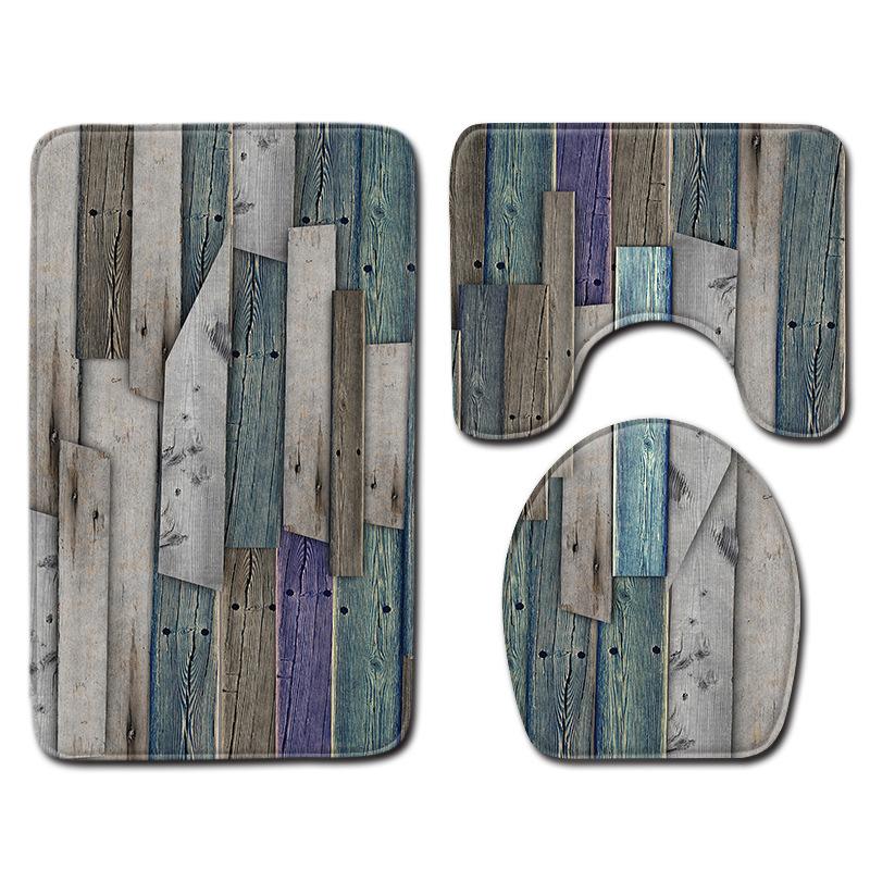 Wood Grain Board Texture Toilet Carpet Set Bathroom Non-Slip Floor Mat Doormat