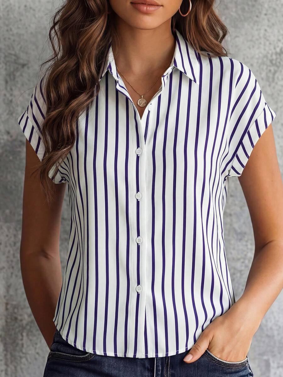 Women S Striped Short Sleeve Button Up Shirt Summer Casual Blouse S темно-синий