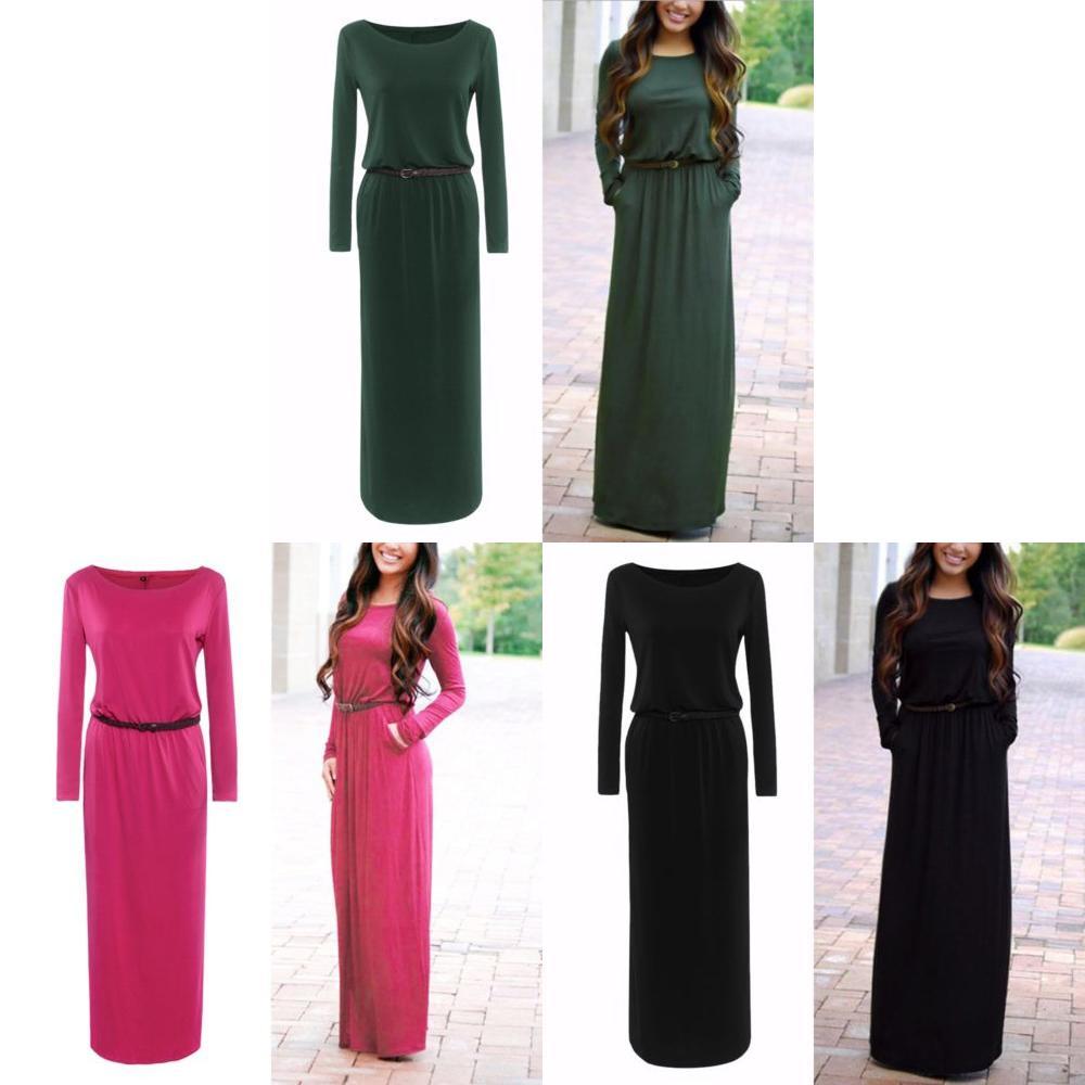 Casual Fashion Women Long Sleeve Belted Party Evening Cocktail Long Dress Maxi