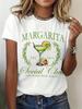 Margarita Wine Glass Print Summer T-shirt Round Neck Short Sleeved Top Casual and Comfortable Soft Women's Clothing
