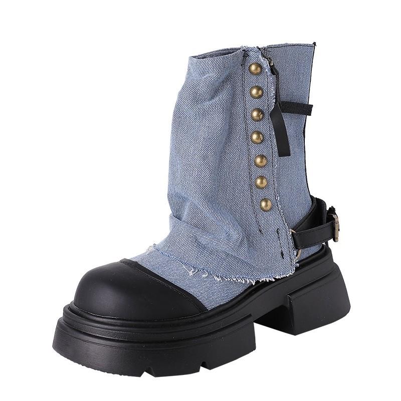 British style platform women's Martin boots autumn and winter splicing cowboy boots niche with skirt thick heel short boots