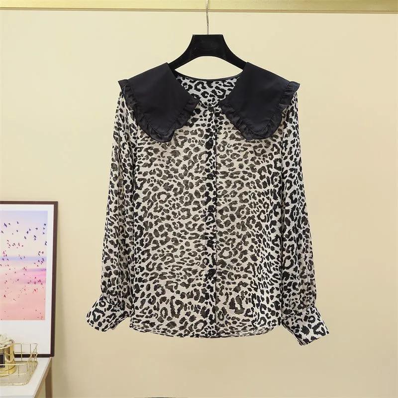 

Весна Осень Новая Европейская Леопардовая Принтованная Базовая Рубашка Длинный Рукав Модная Шифоновая Рубашка Приталенный Топ для Женщин L чёрный