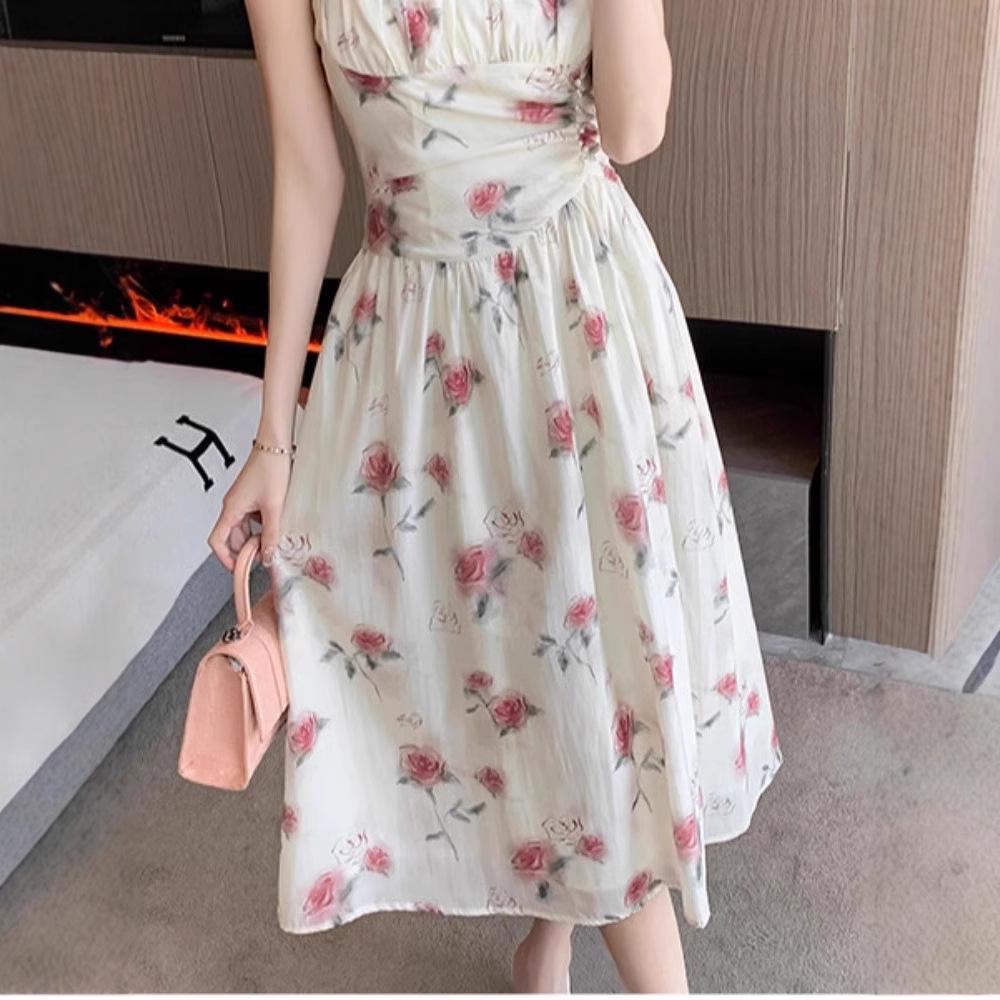 Romantic coffee break dress summer new suspender rose French waist floral seaside vacation fairy skirt tide