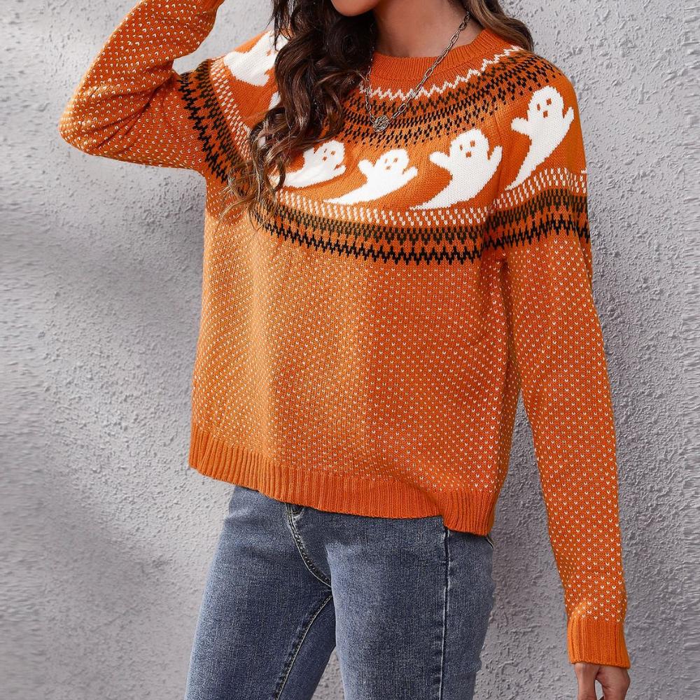 IHUASU Damen Herbst- und Winter Retro Polka Dot Langarm Strickpullover Locker