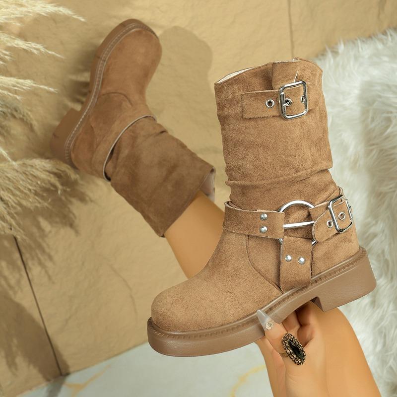 Mode Métal Boucle de Ceinture Talon Bloc Bottines Simples Automne Nouveau Bout Rond Rivet Pop Plateforme Antidérapant Résistant à l'Usure