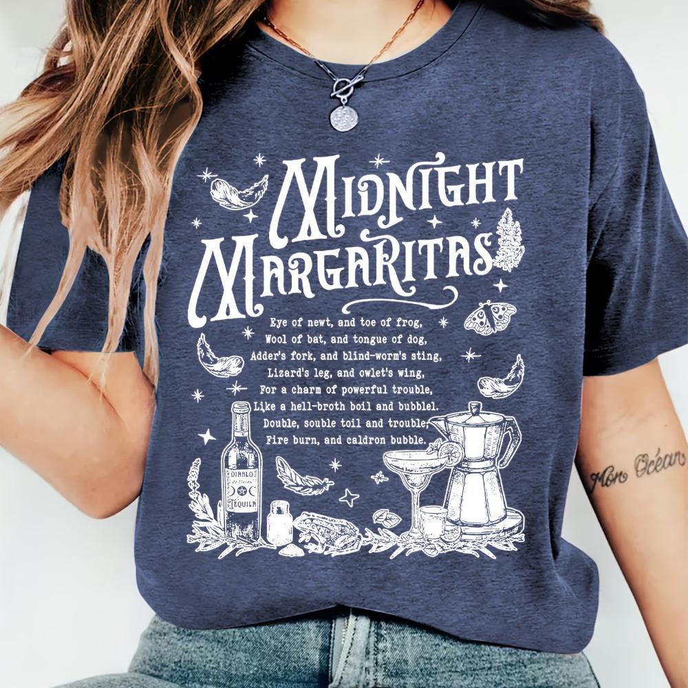 WomenS VintageInspired Midnight Margaritas Graphic TShirt Soft Stretchy Round Neck Short Sleeve Tee with Whimsical Drink