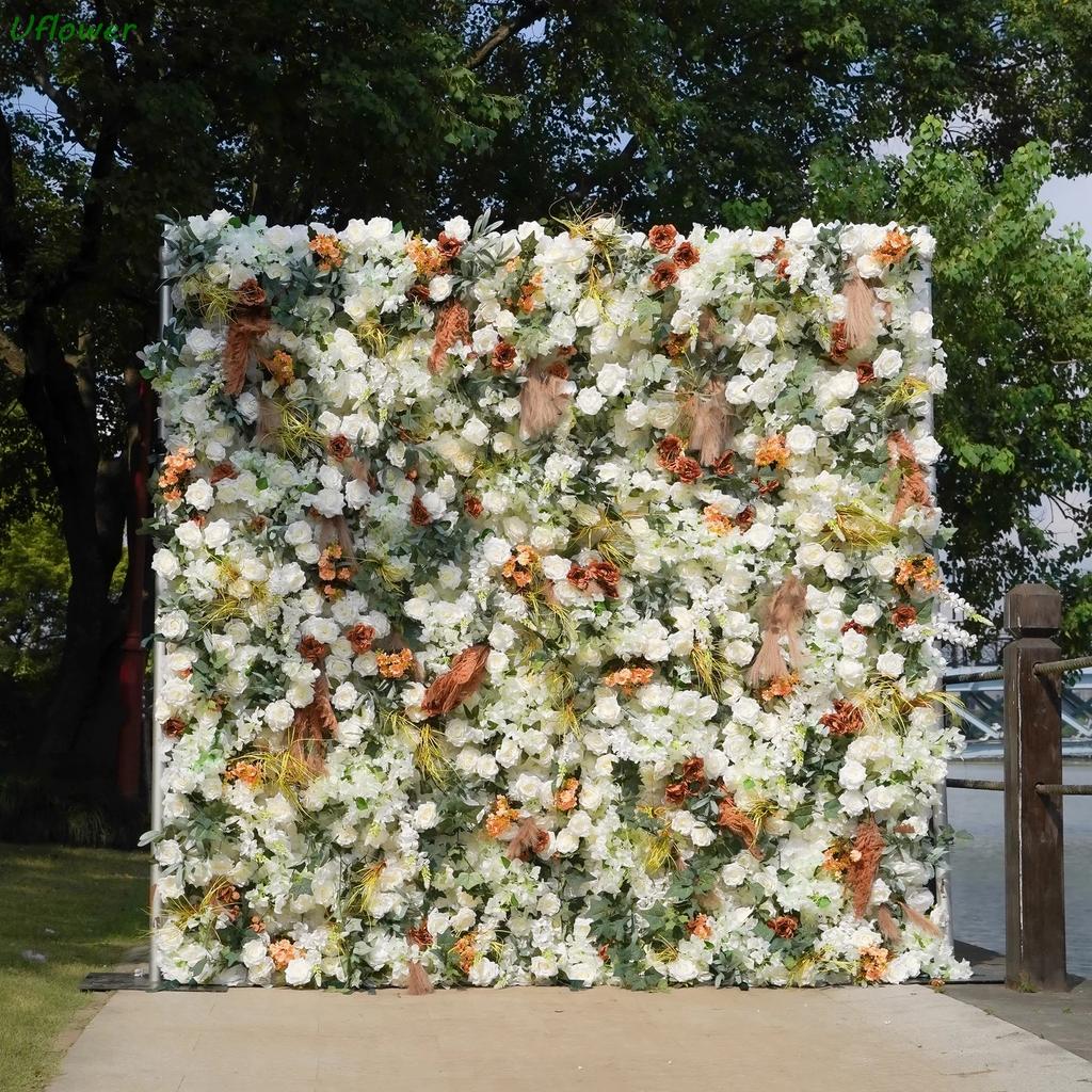Uflower Artificial Flower Wall Roll-Up White with Green Leaves Fabric Floral Backdrop for Wedding Event Party Decoration Curtain