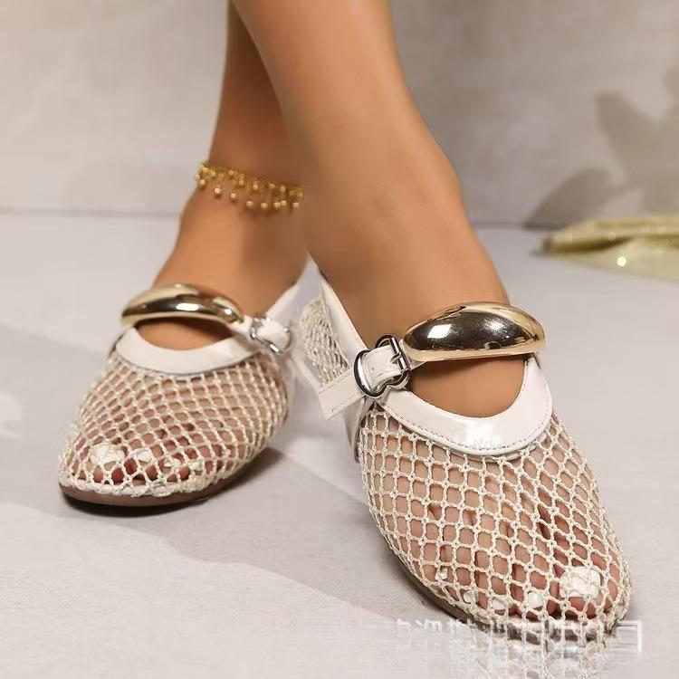 Plus Size Round Toe Fishnet Ballet Flats with Buckle - Women's Fashionable Flat Heel Shoes