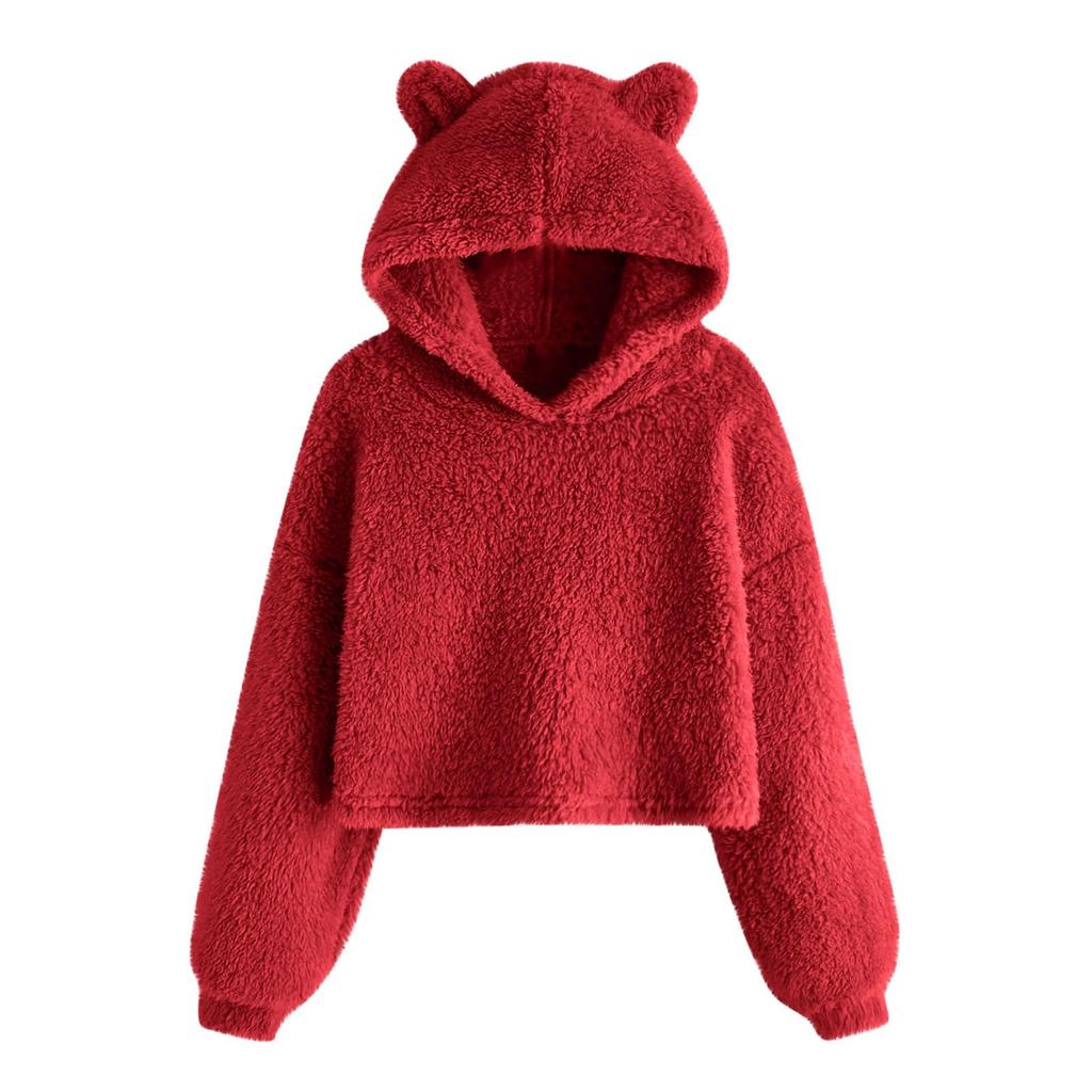 Girls' Fashion Solid Color Pullover Casual  Fleece  Ears Hooded Warm Sweater Sweatshirt